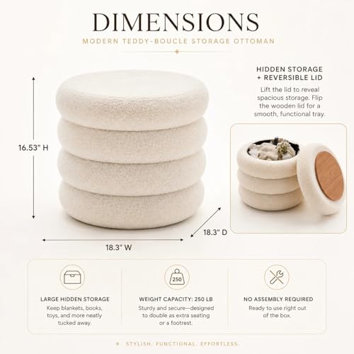 Round Storage Ottoman, Modern Sherpa Footstool, Teddy Vanity Stool with Flip-Top Tray, Makeup Chair for Home Decor, Upholstered Footrest for Living Room & Bedroom (White)