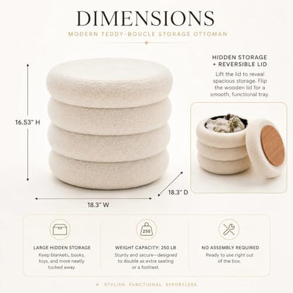 Round Storage Ottoman, Modern Sherpa Footstool, Teddy Vanity Stool with Flip-Top Tray, Makeup Chair for Home Decor, Upholstered Footrest for Living Room & Bedroom (White)