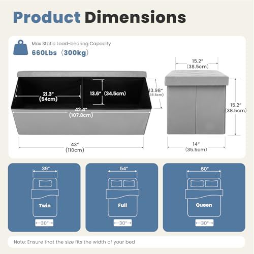 43 Inches Folding Ottoman with Storage Bench, Foot Rest Stool, End of Bed Storage Bench Upholstered, Load 660 lbs, for Living Room, Synthetic Leather, Grey