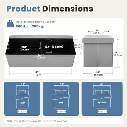 43 Inches Folding Ottoman with Storage Bench, Foot Rest Stool, End of Bed Storage Bench Upholstered, Load 660 lbs, for Living Room, Synthetic Leather, Grey