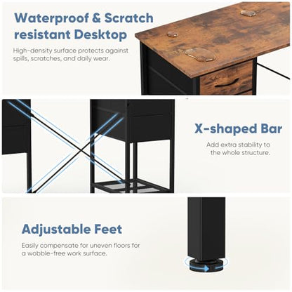 Computer Desk with Drawers, 55 Inch Home Office Bedroom Table with 4 Fabric Drawers & 2 Mesh Storage Shelves, Wood Table with X-Shaped Structure for Writing Study PC Desk, Brown