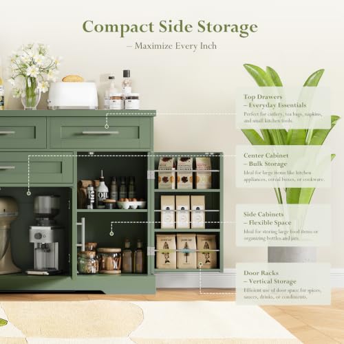 54" Sideboard Cabinet, Kitchen Buffet Cabinet with Storage, Olive Green, view 8