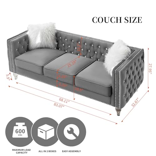 83" Chesterfield Sofa, Velvet Mid-Century Modern Upholstered Couch with 2 Throw Pillows and Acrylic Legs, Nailhead Button Tufted Vintage Sofa for Living Room, Apartment, Office, Grey