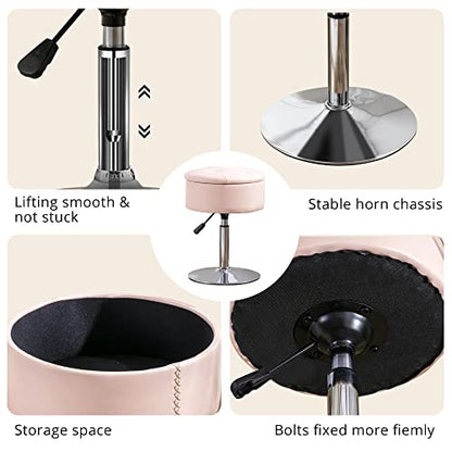360°Swivel Vanity Stool Chair for Makeup Room, Height Adjustable Stool for Vanity with Storage, Small Pink Faux Leather for Bathroom, Living Room