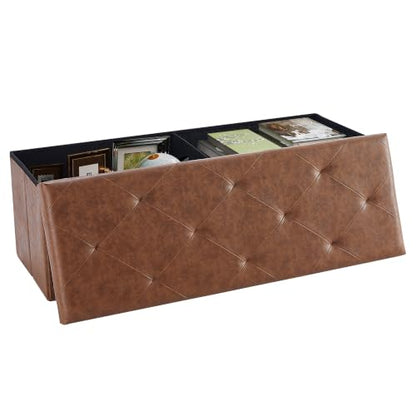 43 Inch Folding Storage Ottoman Bench, Large Hidden Storage Chest with Padded Seat, Foot Rest Stool Supports Up to 660Lbs, End of Bed Bench for Bedroom, Living Room, Faux Leather, Brown