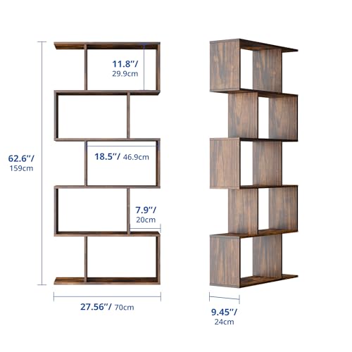 Set of 2 Geometric Bookcase, S-Shaped Modern Bookshelf, Room Divider Bookshelf, 62" Tall Unique Abstract Bookcase with 5-Tier Display Shelf for Living Room Office, Rustic Brown