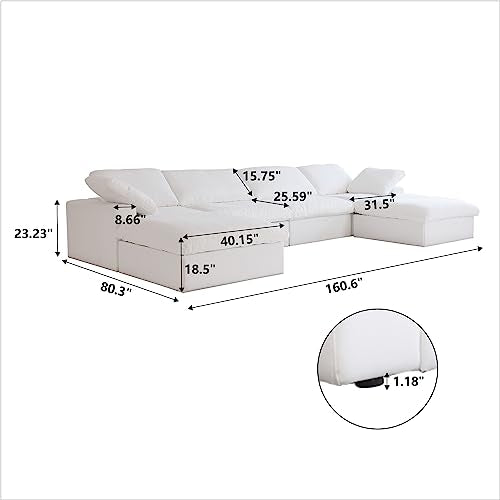 U-Shaped Cloud Couches for Living Room, 6-Seats Modular Convertible Sectional Sofas, Cushion Covers Removable, Comfy Sectional Couch with Chaise Ottomans for Living Room Apartment (White)
