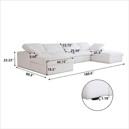 U-Shaped Cloud Couches for Living Room, 6-Seats Modular Convertible Sectional Sofas, Cushion Covers Removable, Comfy Sectional Couch with Chaise Ottomans for Living Room Apartment (White)