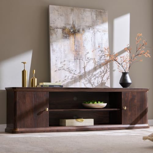 Modern 70" TV Stand w/Storage, Wood Curved TV Console, Brown, view 2