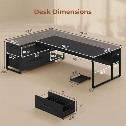 71" Executive Desk, L Shaped Office Desk with Widen File Drawers, view 3