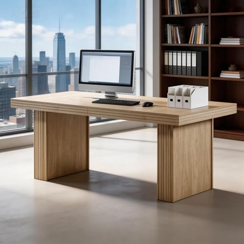 Tribesigns Modern Office Desk, Home Office Table with Wide Fluted Legs, Modern Desk for Home Office, Natural