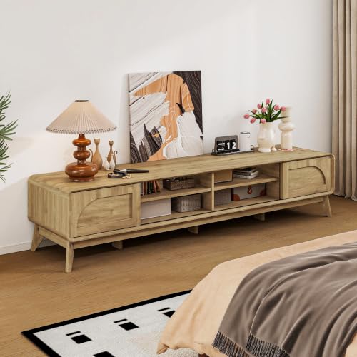 70" Mid Century TV Stand for Living Room w/Sliding Barn Door, Oak, view 8