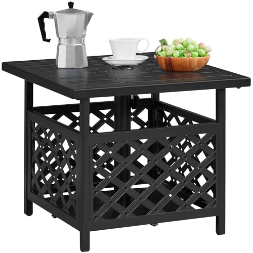 Metal outdoor side table with umbrella hole, view 2
