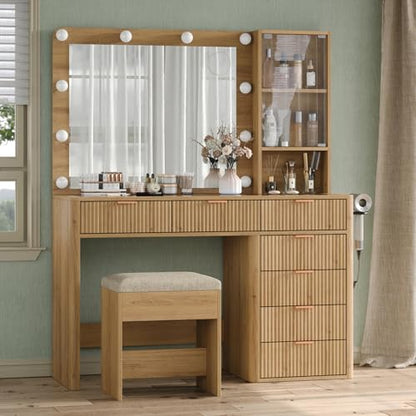 Yanosaku 47" Fluted Vanity Desk with Mirror & LED Lights, view 2