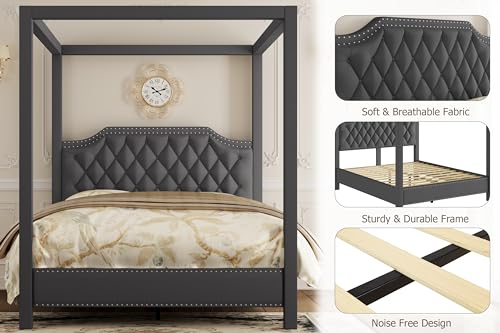 Upholstered Canopy Bed Queen Size with Button Tufted headboard, view 6