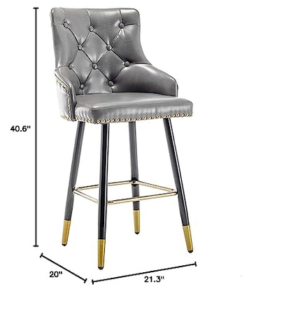Set of 2 Premium upholstered Dining 26" High Back Stool Bar Chairs, Gray PU Leather Tufted Gold Nail Head Trim, (2)