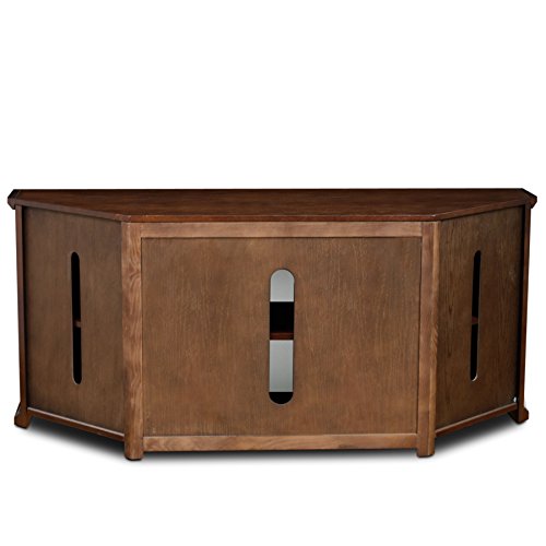 Riley Corner TV Stand 60 in, Burnished Oak, Solid Wood, Beveled Tempered Glass, Blackened Hardware, Adjustable Shelf, Easy Assembly, 56 in L x 20 in W x 25 in H, Item 80386