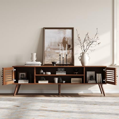 61" Mid Century Modern TV Stand for 50/55/60/70 inch TV, TV Media Console with Slatted Doors for TVs up to 70", Entertainment Center with Storage for Living Room, Bedroom, Walnut