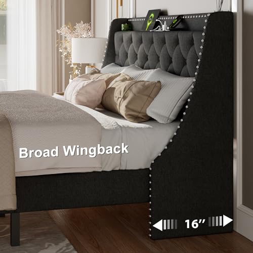 King Size Bed Frame with Luxury Wingback and Fast Charging Station, view 7
