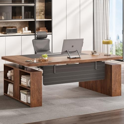63" Executive Standing Desk with Storage, Executive Height Adjustable Desk with Power Outlets, Large Computer Office Desk with Privacy Panel for Home Office, Warm Golden Brown