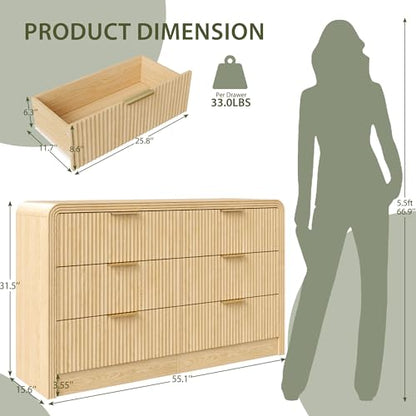 55" W Fluted 6-Drawer Dresser for Bedroom,Natural Oak, view 3