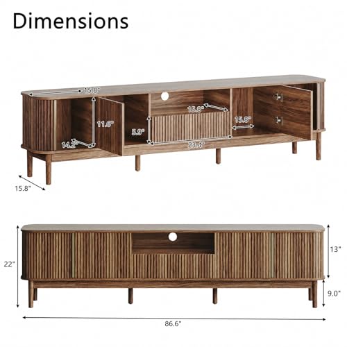 86.6'' Fluted TV Stand for 75/80/85 Inch TVs, Mid Century Modern Entertainment Center with Large Storage Space & Open Shelves, Walnut TV Console with Sliding Doors for Living Room