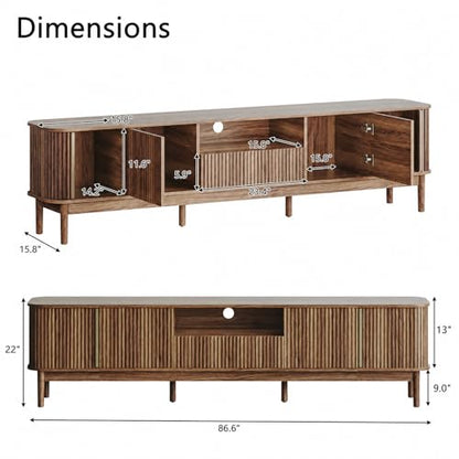 86.6'' Fluted TV Stand for 75/80/85 Inch TVs, Mid Century Modern Entertainment Center with Large Storage Space & Open Shelves, Walnut TV Console with Sliding Doors for Living Room