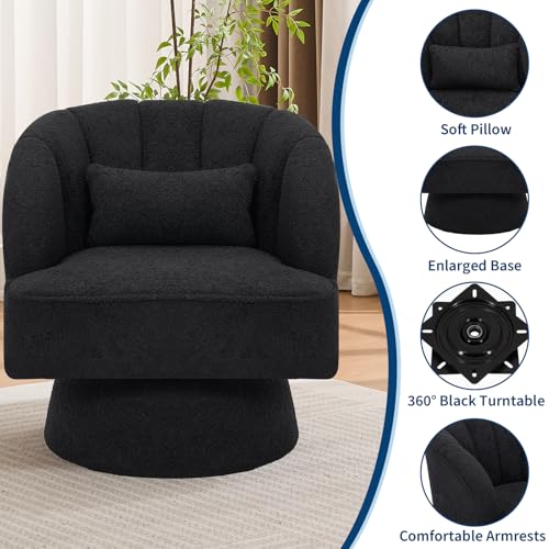 Modern Swivel Teddy Fabric Armchair with Striped Backrest and Plush Padding in Black, view 6