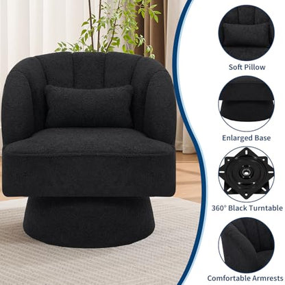 Modern Swivel Teddy Fabric Armchair with Striped Backrest and Plush Padding in Black, view 6