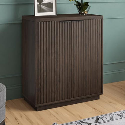28" Fluted Wooden Accent Cabinet, Ribbed Modern Sideboard Buffet Cabinet with 2 Doors and an Adjustable Shelf for Living Room, Dining Room, Bedroom or Entryway, Rich Brown