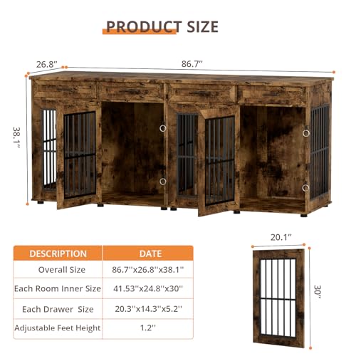 87" Dog Crate Furniture for 2 Dogs, Double Dog Cage Furniture, Brown, view 3