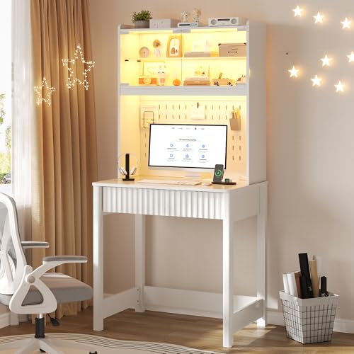 LED Writing Desk with Hutch and Pegboard and Power Outlet (White), view 2