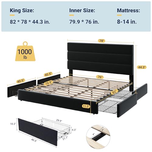 Modern King Size Platform Bed Frame with 4 Storage Drawers, view 3