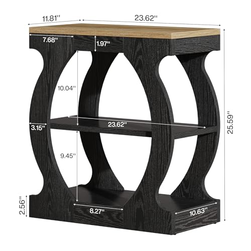 End Table with 3-Tier Storage, Narrow Side Table with Curved Frame, Wooden Nightstand for Living Room, Small Spaces, Bedroom, Rustic Brown & Black