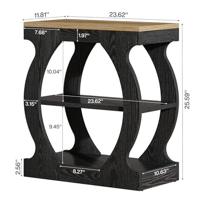End Table with 3-Tier Storage, Narrow Side Table with Curved Frame, Wooden Nightstand for Living Room, Small Spaces, Bedroom, Rustic Brown & Black