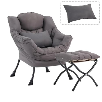 Lazy Chair with Ottoman, Modern Accent Chair with Lumbar Pillow, Dark Grey Sofa, Armchairs with Folding Footrest, Oversized Supportive Chairs for Bedroom, Reading