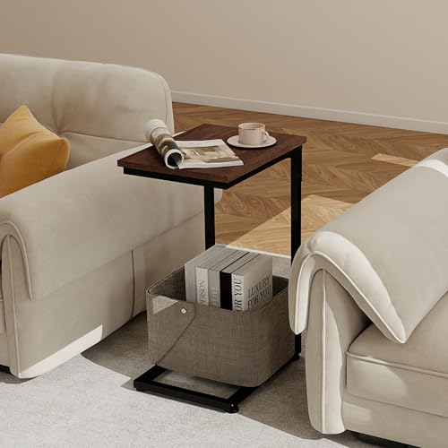 C Shaped End Table,Under Couch Slider, Walnut | Skandiquip Wood C Shaped Side Table, Sliding Under Sofa End Table, Laptop Snack Table for Living Room, Bedside & Recliner