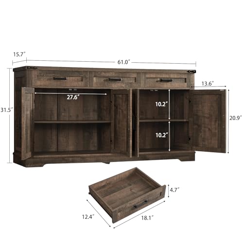 Buffet Cabinet, 61” Large Sideboard Buffet Storage Cabinet with 3 Drawers, view 3