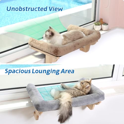 Cat Perch for Window Sill with Bolster - Orthopedic Hammock Design with Premium Hardwood & Robust Metal Frame - Cat Window Seat for Large Cats and Kittens - Natural Color Wood Gray Bed, 24''W