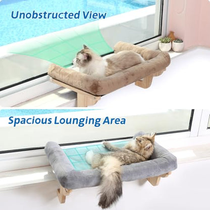 Cat Perch for Window Sill with Bolster - Orthopedic Hammock Design with Premium Hardwood & Robust Metal Frame - Cat Window Seat for Large Cats and Kittens - Natural Color Wood Gray Bed, 24''W