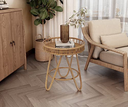 Rattan Side Table with Wicker Tray Top 20x23'', Boho Hand-Woven End Table, Small Round End Table with Hairpin Legs, Coffee Table Set for Living Room, Bedroom (Handcraft)