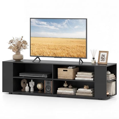Wood TV Stand for TVs up to 65 Inch Flat Screen, Modern Entertainment Center with 8 Open Shelves, Universal TV Storage Cabinet for Living Room Bedroom, TV Console Table (Pure-Black)