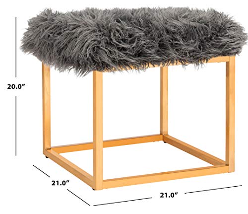 Safavieh Home Collection Rowan Grey Contemporary Glam Faux Sheepkin Square Ottoman, Dark