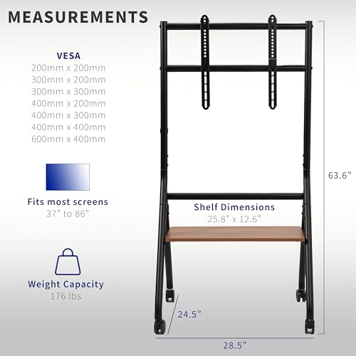 VIVO Rolling 37 to 86 inch Height Adjustable TV Floor Stand with Shelf, Max VESA 600x400mm, Dark Wood Shelf, Black Frame, STAND-TV86RD