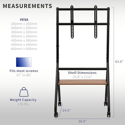 VIVO Rolling 37 to 86 inch Height Adjustable TV Floor Stand with Shelf, Max VESA 600x400mm, Dark Wood Shelf, Black Frame, STAND-TV86RD