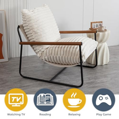 Accent Chair, Sherpa Arm Chair for Living Room, Mid Century Modern Accent Chairs, Boucle Reading Bedroom Chair, Teddy Armchair, Wooden Arms Metal Frame