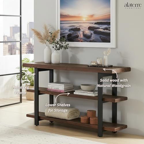 Pomona 3-Tier Solid Wood Media Console Table with 2 Open Shelves and Metal Legs - Rustic Industrial Farmhouse TV Stand and Storage Console (Rustic Brown)