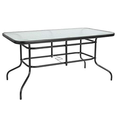 Tory 31.5" x 55" Rectangular Tempered Glass Metal Patio Table with Umbrella Hole, Modern Rippled Glass Outdoor Dining Table, Black