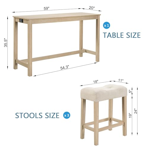 4 Piece Dining Table and Chairs Set with Charging Station, Farmhouse Wooden Kitchen Island-Table w/USB&Typc C&Power Outlet, 59" Behind Sofa-Table w/3pcs Upholstered Stools,Light Oak