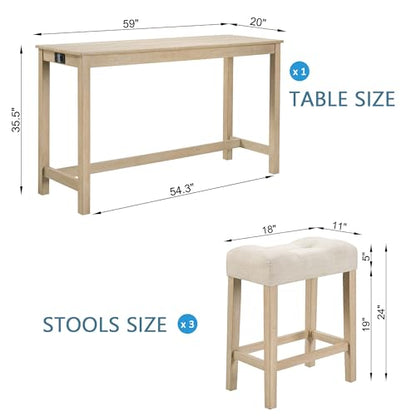 4 Piece Dining Table and Chairs Set with Charging Station, Farmhouse Wooden Kitchen Island-Table w/USB&Typc C&Power Outlet, 59" Behind Sofa-Table w/3pcs Upholstered Stools,Light Oak